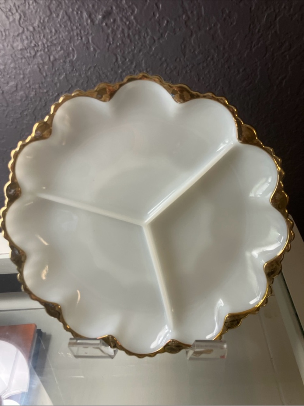 Fire king, milk, glass, 10 inch White and Gold Scalloped Divided Serving Dish